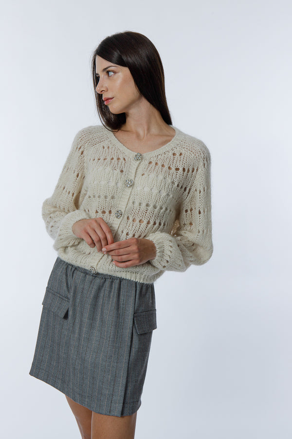 cardigan crop traforato con bottoni gioiello