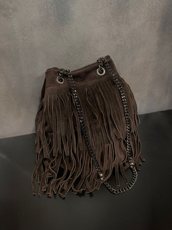borsa secchiello frange catena
