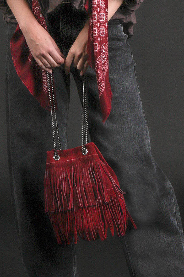 borsa secchiello frange catena
