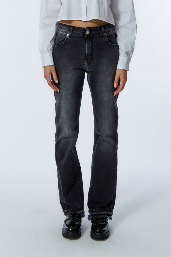 pantalone denim zampa frangetta