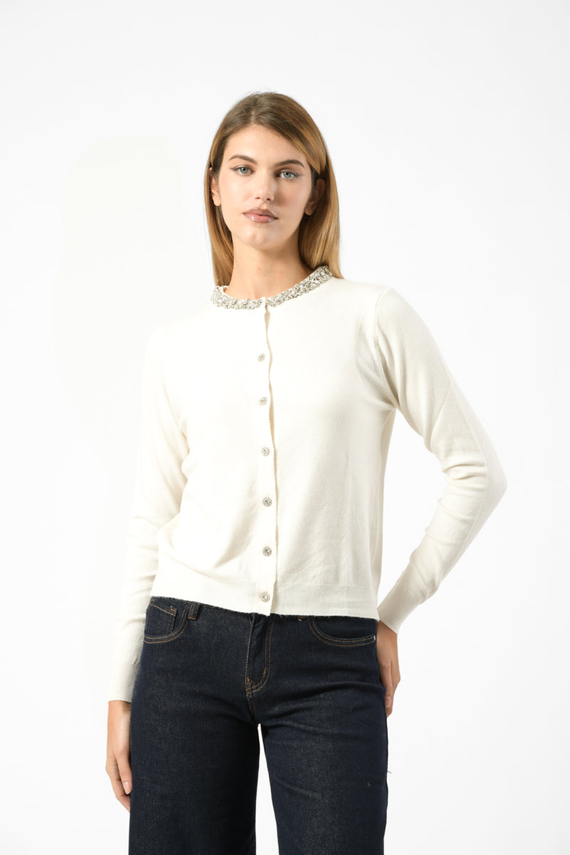cardigan bottoni e girocollo gioiello