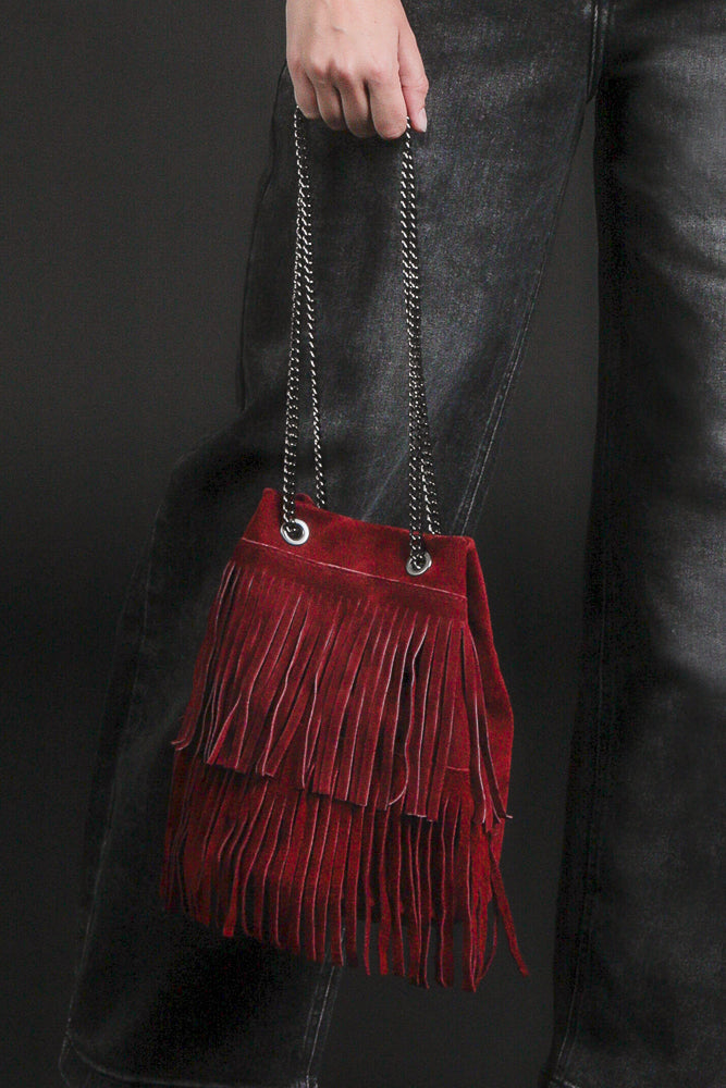 borsa secchiello frange catena
