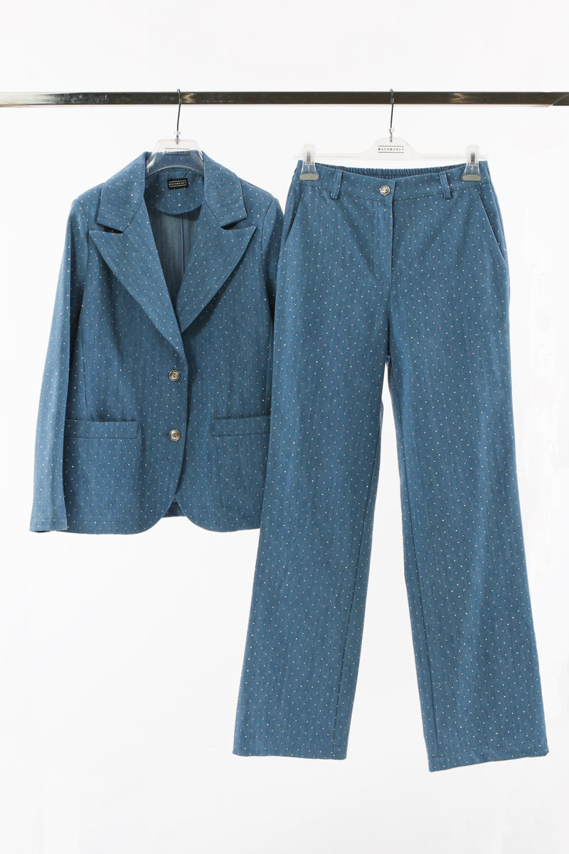 pantalone palazzo in denim e strass
